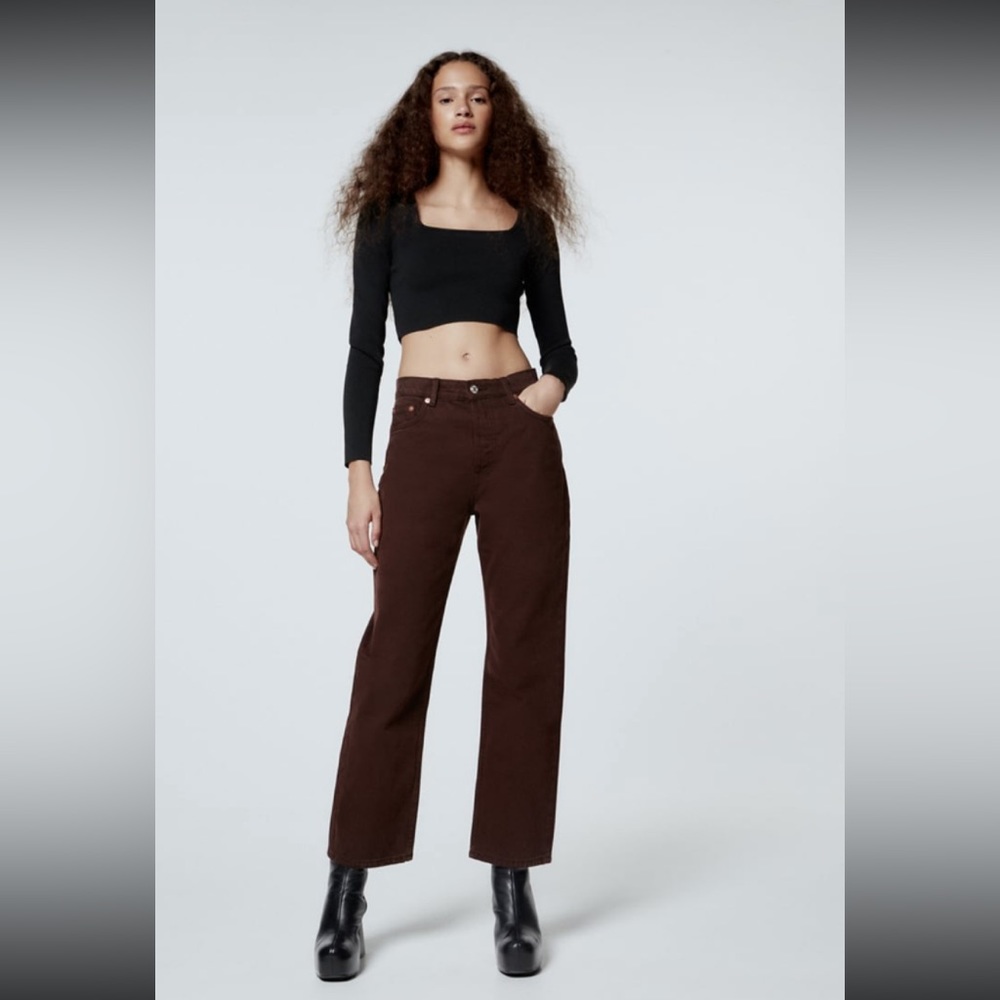 Zara: High Rise Straight Leg Jeans Chocolate